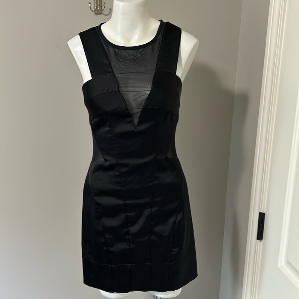 All Saints Black Mesh Cutout Mini Sleeveless Black Dress Satin Bodycon LBD Sz 4